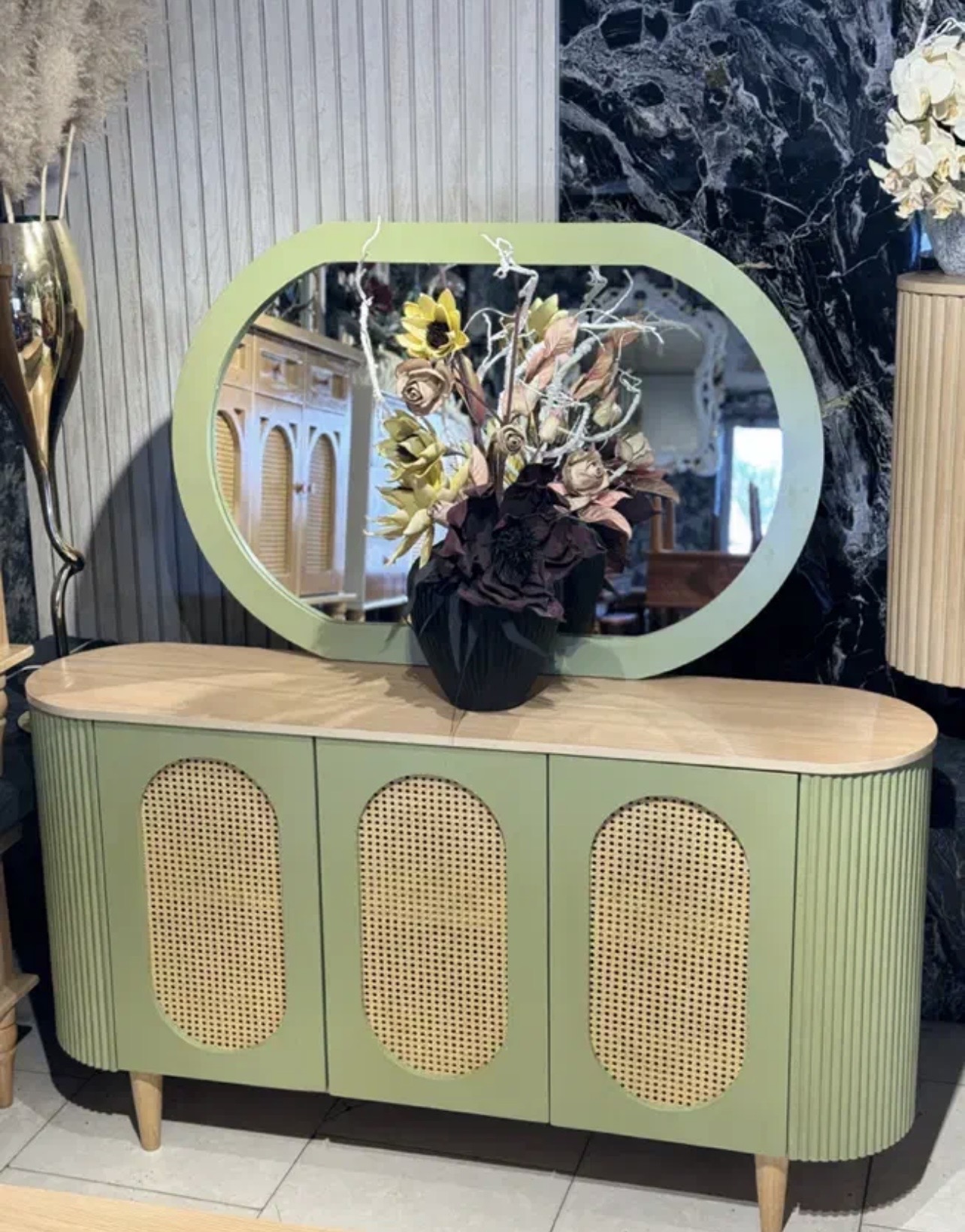 ست آینه کنسول میز تی وی جاکفشی حصیری گرد نانو